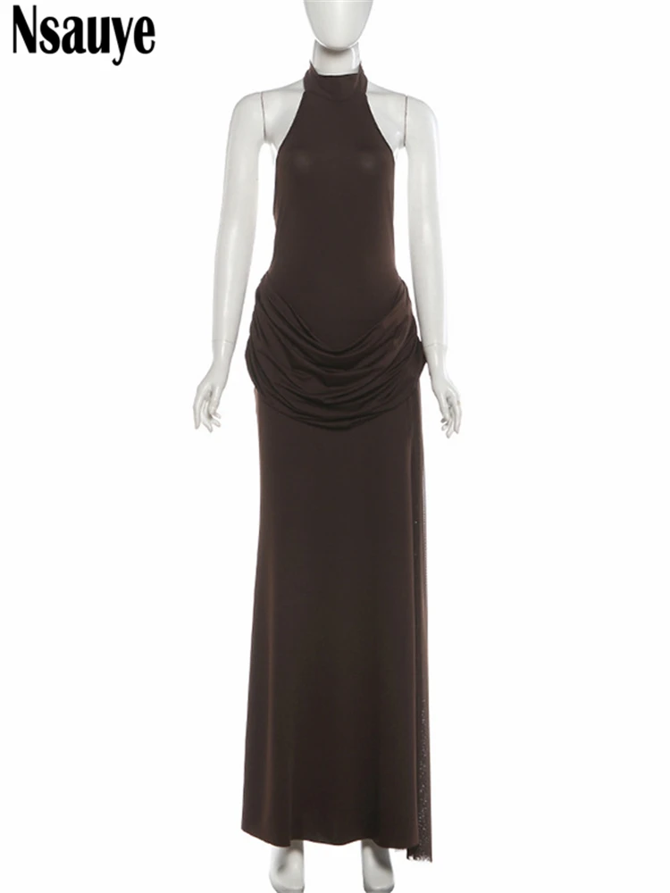 Nsauye New Fashion Sexy Women Halter High Split Sleeveless Evening Dress Party Night Club Long Elegant Holiday Maxi Dress 2026