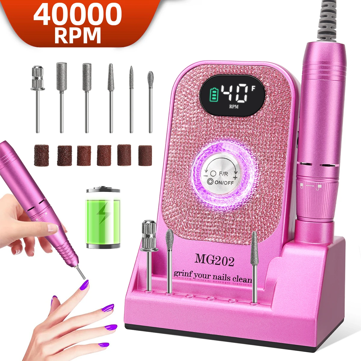 Máquina de broca de unhas 40000rpm para manicure recarregável arquivos de unhas máquina de manicure elétrica com base portátil equipamento de unhas