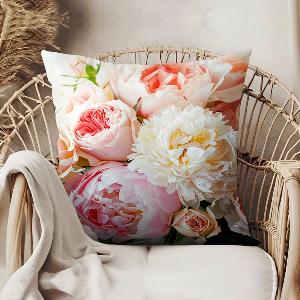 Square Throw Pillow Case Pink And White Rose Peony Floral Print For Living Room Sofa Bedroom Home Decor