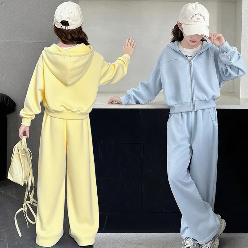 

Весенне-осенние комплекты для девочек, новые однотонные костюмы с капюшоном, детские модные куртки + свободные штаны, комплект из 2 предметов, модная одежда для подростков