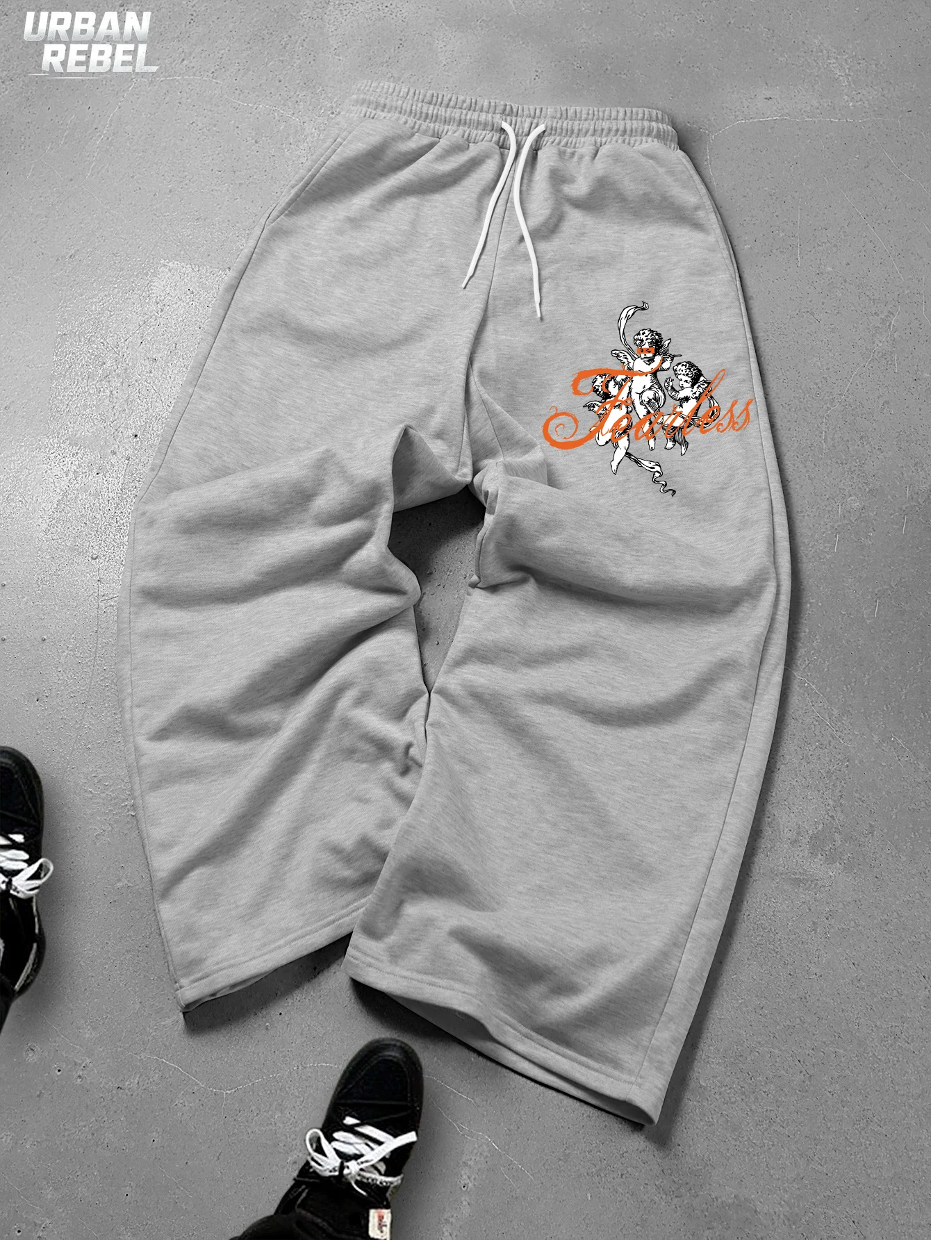 Men Grey Oversized Baggy Wide Leg Sweatpants Angel Cherub Graphic Print Drawstring Waist Loose Fit Y2K Vintage Streetwear Pants