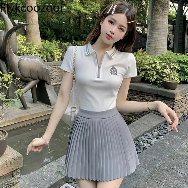 

Flykcoozooi Women Suit Tennis Sportswear Set Sweet College Style Polo Collar Slim Fit Short Sleeve Top Pleated Mini Skirt Set