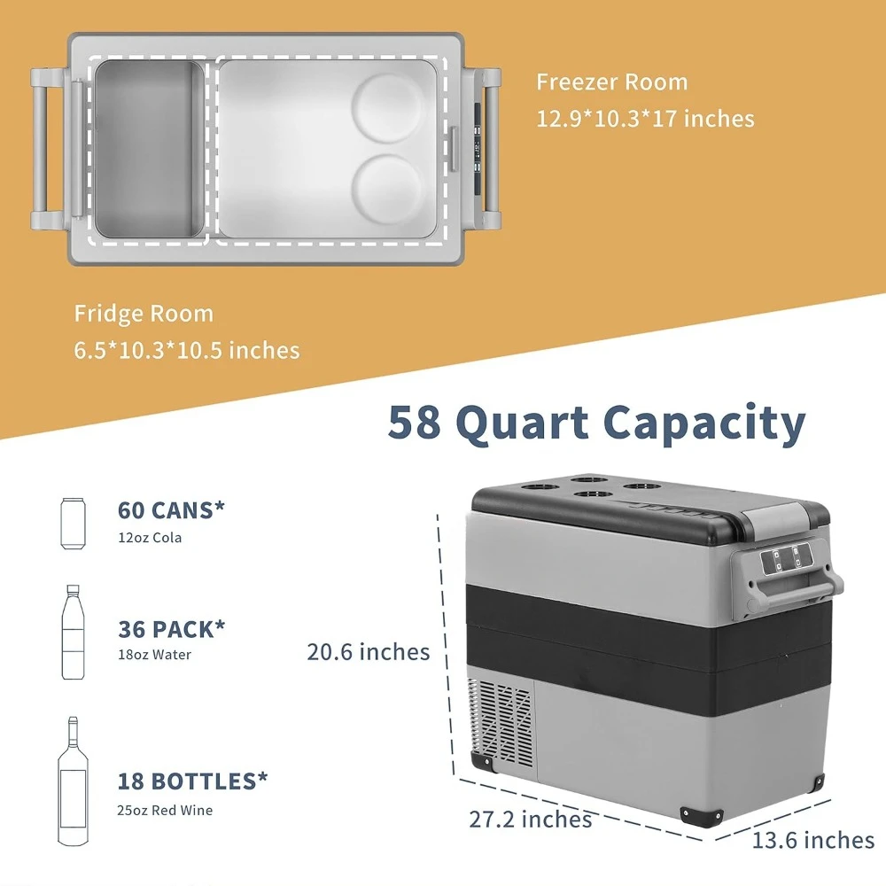 Frigorifero portatile Congelatore per auto da 12 Volt Mini frigorifero congelatore da 52 litri (-4 ℉ ~68 ℉ ) per camion, veicoli, viaggi, esterni -12/24V