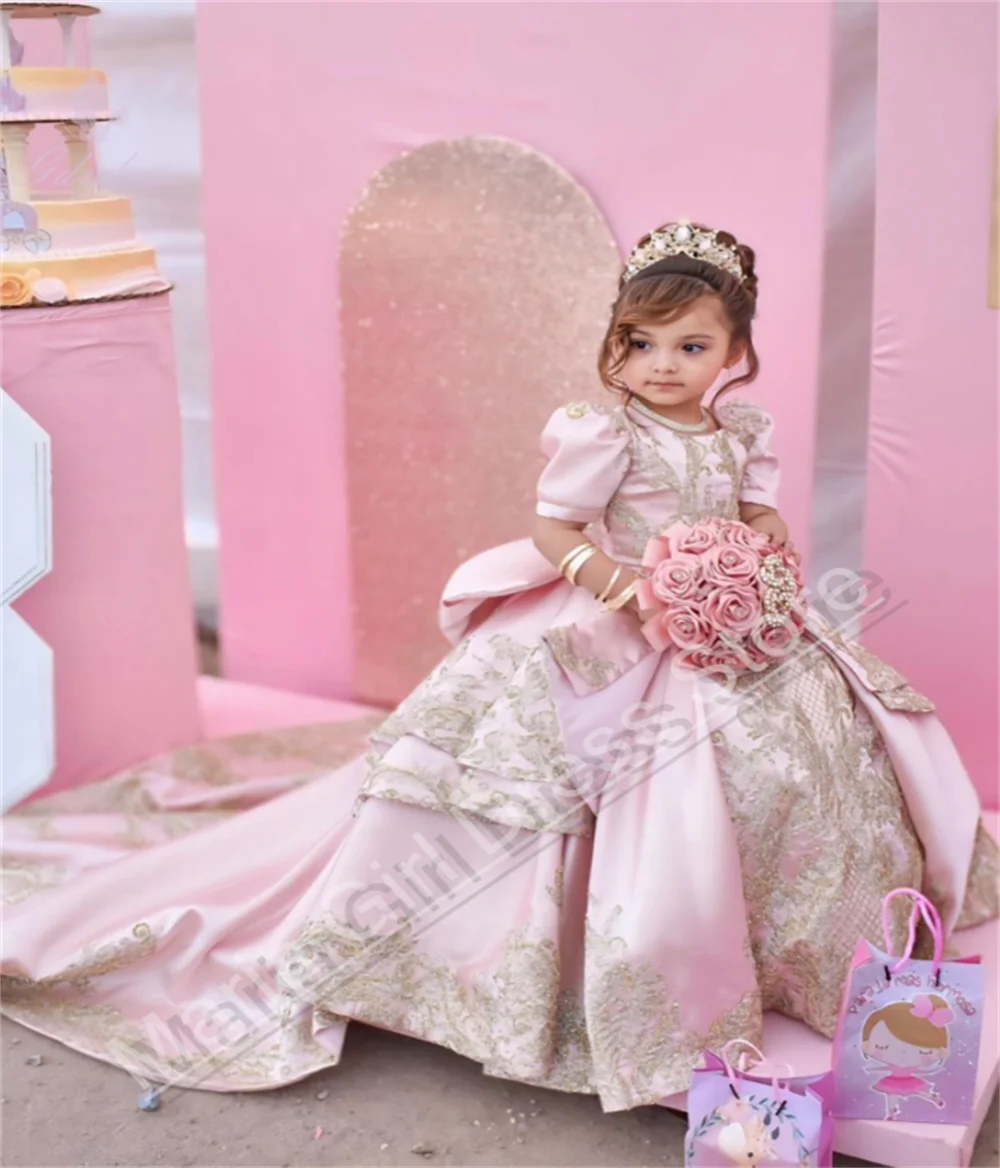 

Luxurious Fluffy Flower Girl Dress With Gold Lace Appliqué Satin Long Train Bow Wedding Children's Party Dress