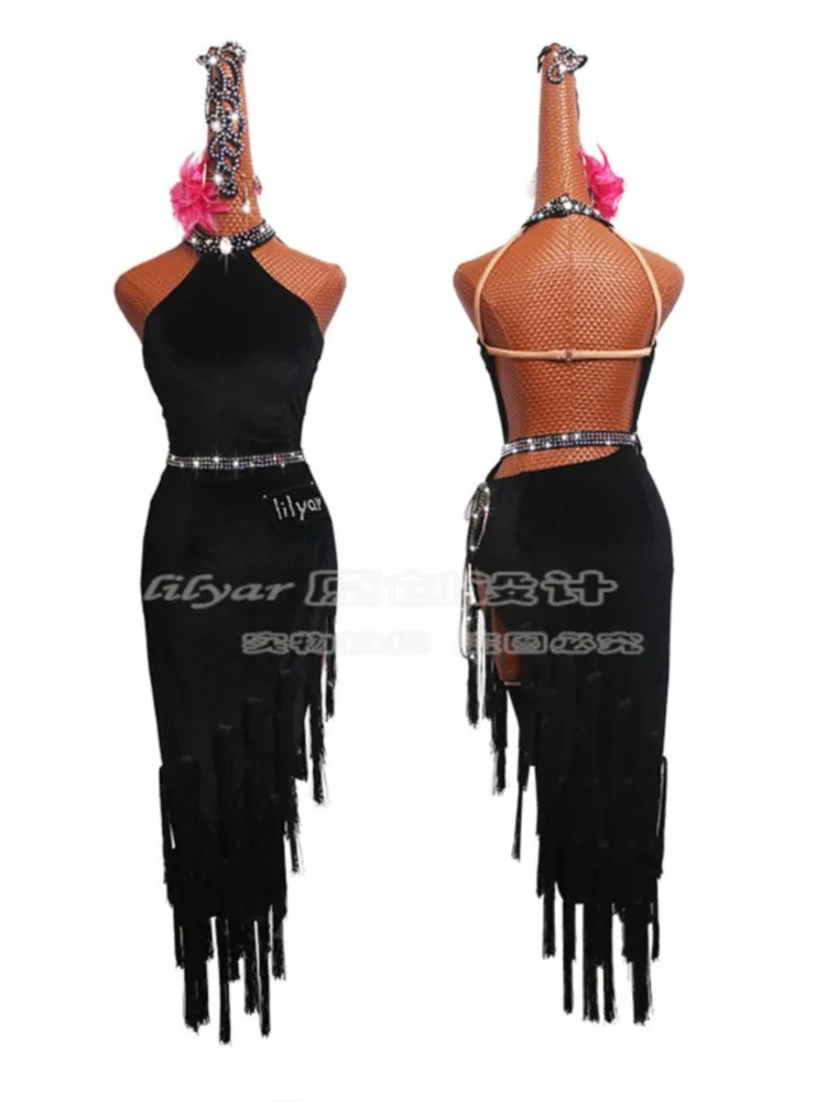 Latin Dance Adult Girls And Children's Competition Performance Dress Chinese Off Shoulder Black Slim Fringe Skirt