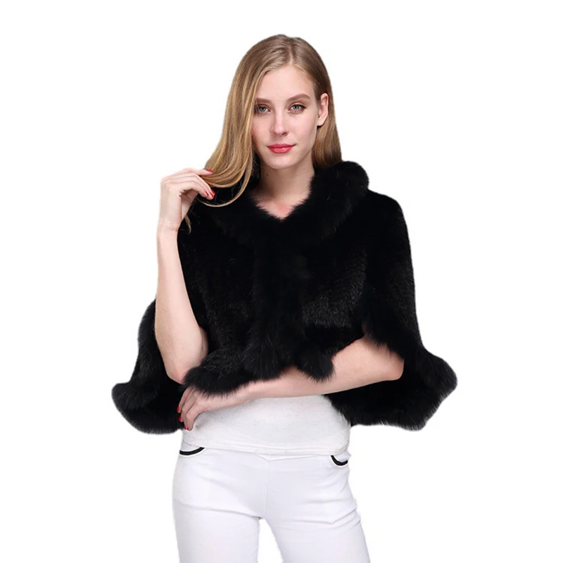 Lady Luxury Knitted Mink Fur Shawl Fashion Warm Natural Real Mink Fur Shawl Coat Women Casual Cardigan Cape With Fox Fur Collar