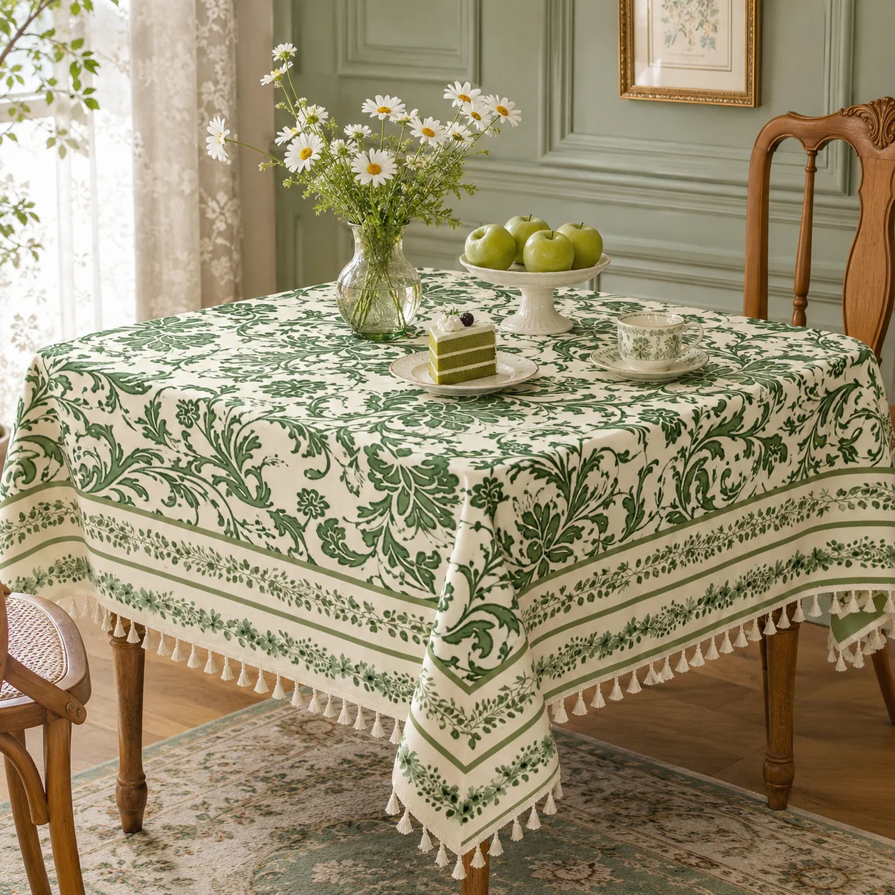 Vintage Green Floral Tablecloth with Tassel Boho Farmhouse Rectangular Round Square Table Cover for Dining Coffee Table & Party