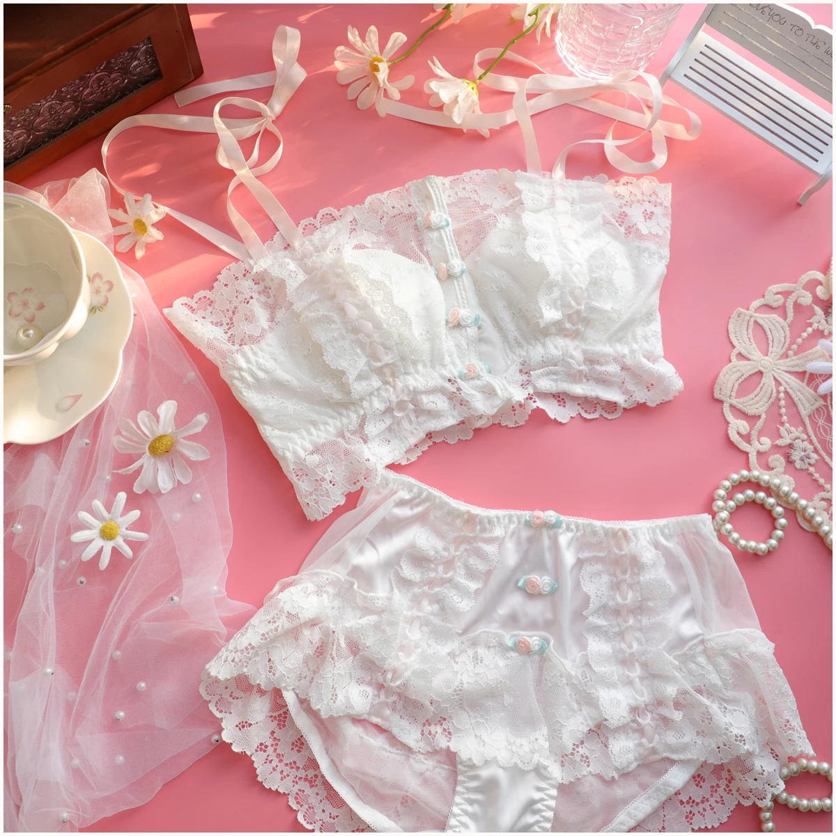 طقم حمالة صدر رفيعة من الدانتيل بشريط عتيق بدون حلقة فولاذية ملابس داخلية نسائية يابانية طالب صدر صغير مريح Ropa Interior Mujer #6