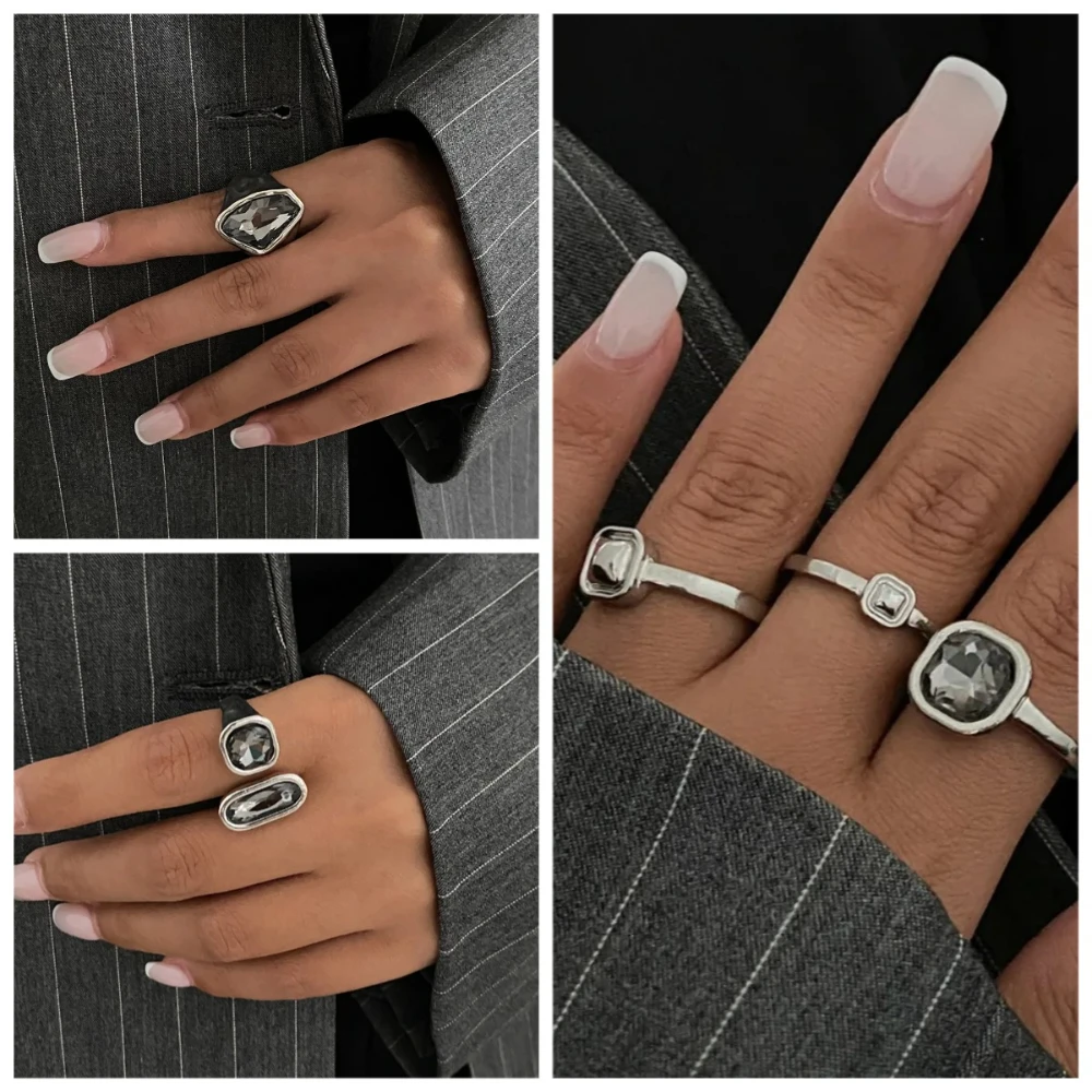 3pcs Set Luxury Temperament Geometric Metal Square Acrylic Diamond Opening Rings for Women Fashion Designer Jewelry Accessories