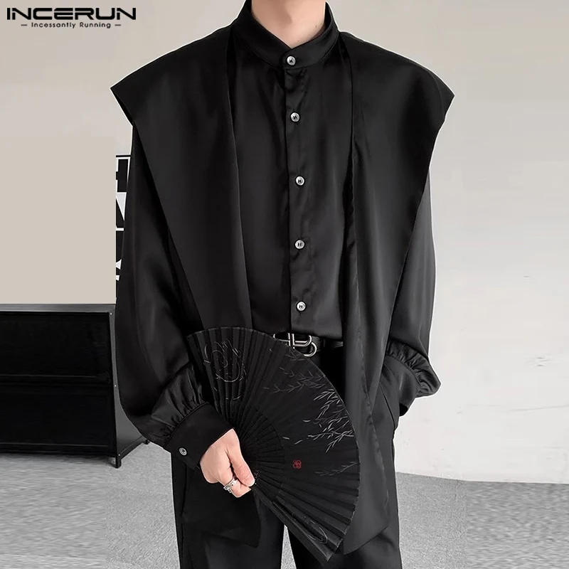 2024 Korean Fashion Long Sleeve Tops INCERUN Handsome Men Casual Shawl And Hood Simple Shirts Solid Color Button Elegant Blouse