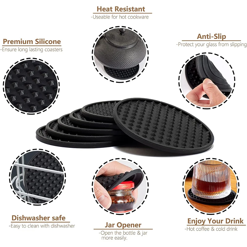 Coasters for Drinks 6 Pack Drink Coaster with Holder Heat Resistant Silicone Cup Mat Tabletop Protection Non-Slip Coasters JT572
