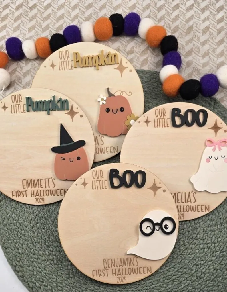 Wood Palque For Our Little Boo Wood Sign Baby's First Halloween Custom Name Plaque Cute Pumpkin Ghost Witch Shaped Decor Newborn