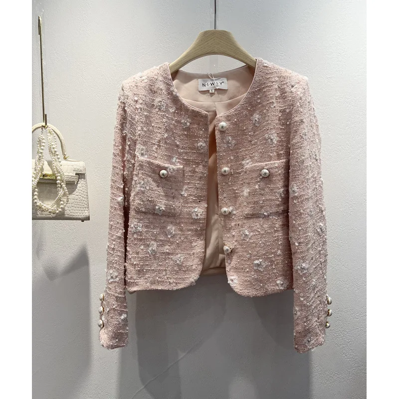 Women's coarse woolen short jacket 2026 autumn and winter new style small fragrant round neck sequined top