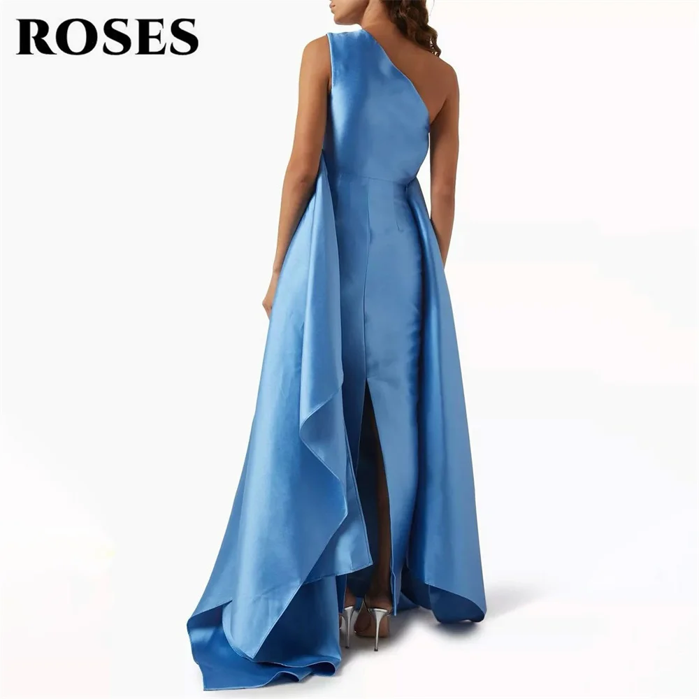 

ROSES Bright Blue Prom Dresses One Shoulder Celebrity Dresses Satin Back Slit Women's Evening Dresses Formal Gown Customized