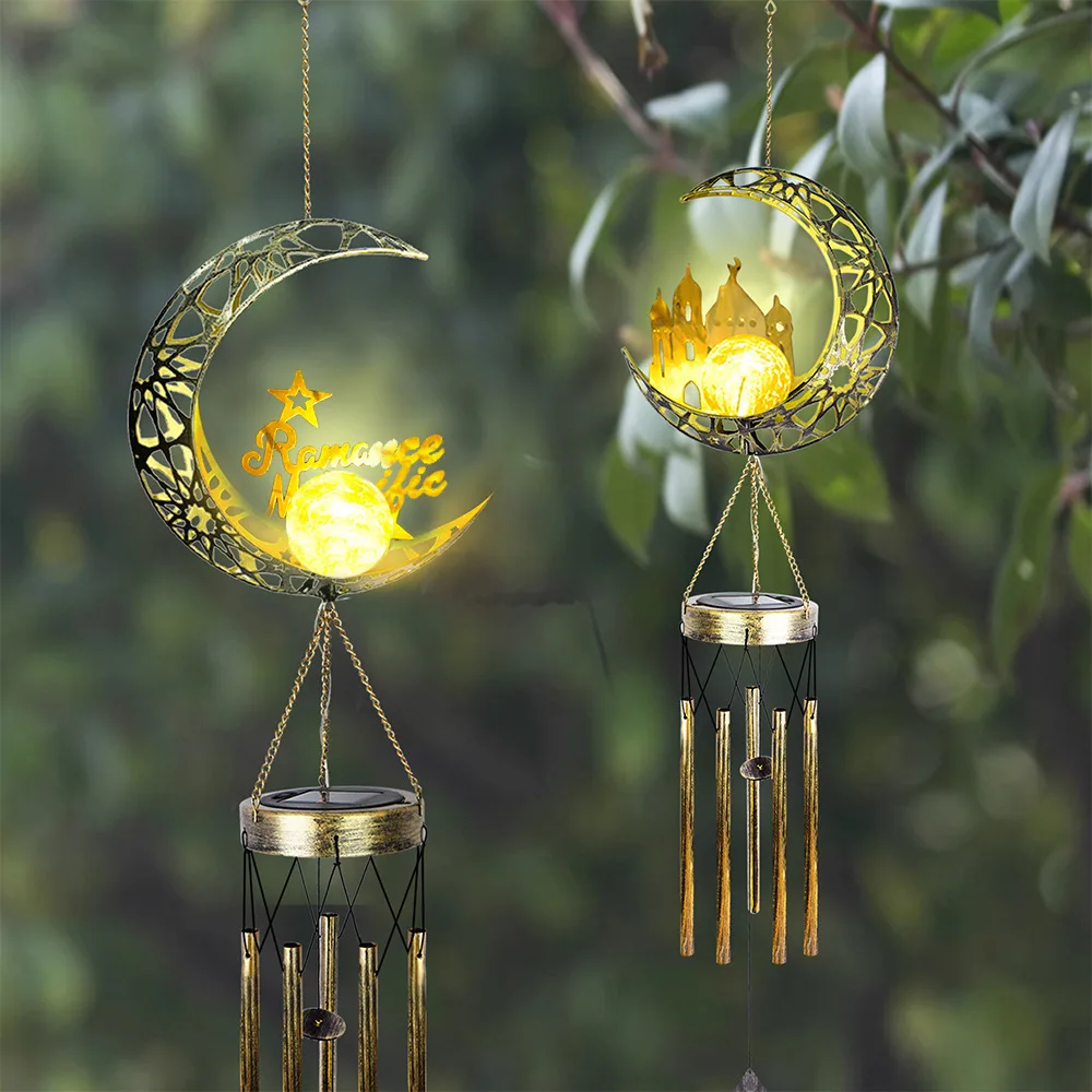 Outdoor Solar Wind Bell Lamp Hollow Moon Pattern Auto Dusk To Dawn Villa Backyard Balcony Garden Tree Decorative Light