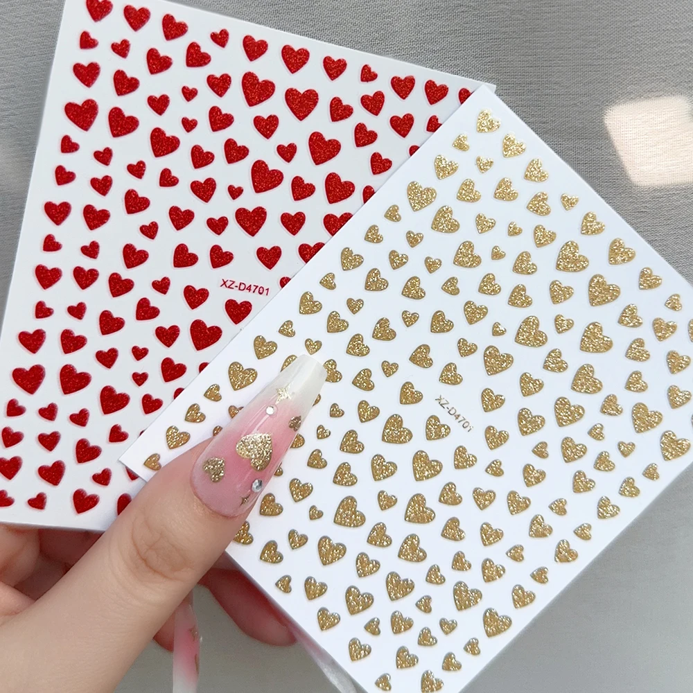 ثلاثية الأبعاد عيد الحب الذهب الأحمر الحب القلب بريق مسمار ملصقا ذاتية اللصق رومانسية شكل قلب مسمار الشارات 8*10 سنتيمتر ملصقات الأظافر
