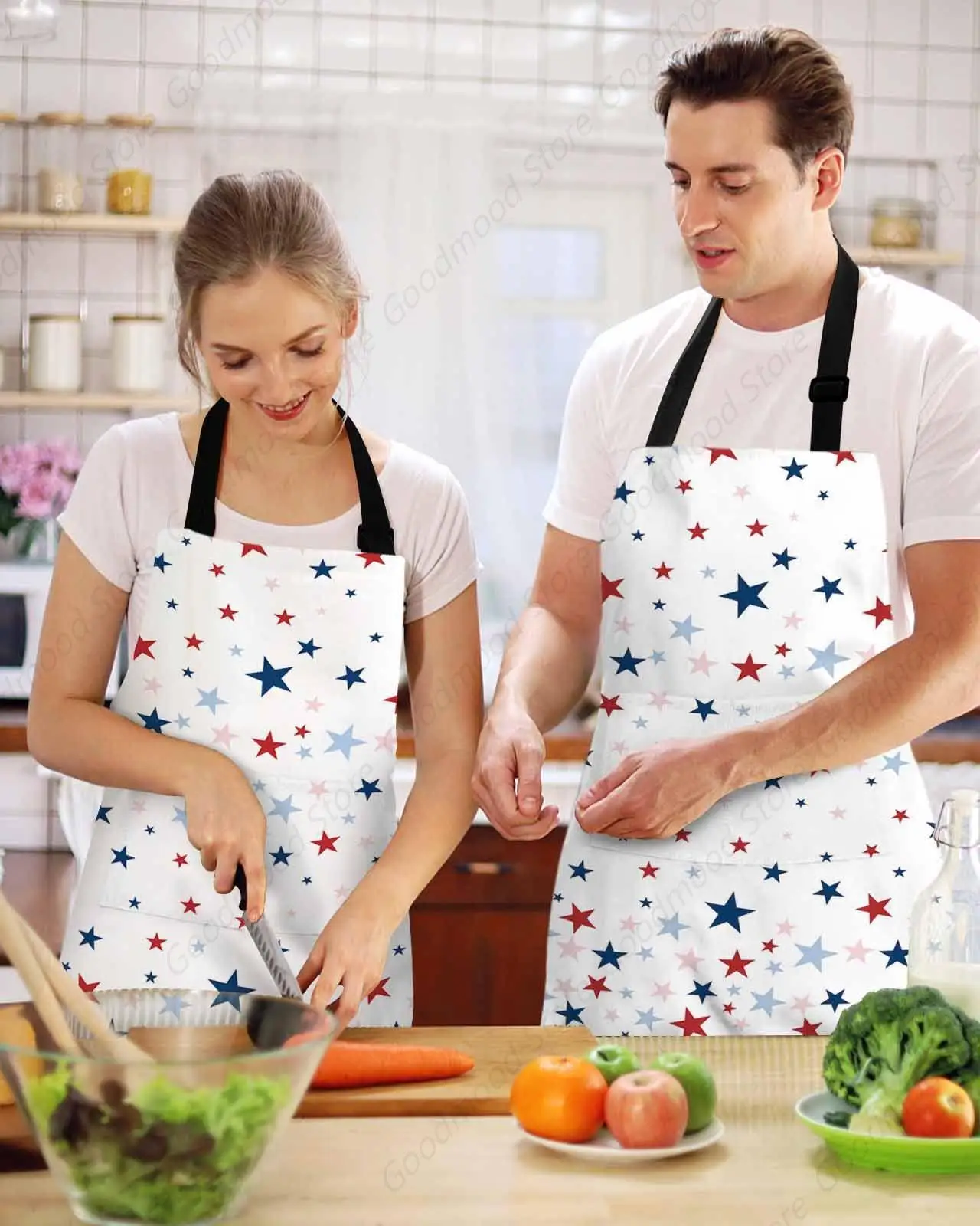 Aprons for Women with 2 Pockets, Waterproof Adjustable Strap Chef Apron for Men Independence Day Colored Five-Pointed Star