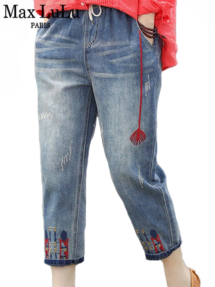 Max LuLu 2022 Thời Trang Mùa Hè Nữ Tách Rời Quần Jean Nữ Thêu Denim Quần Vintage Nữ Thun Hậu Cung Quần