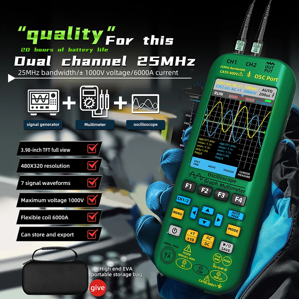 Multimeter Professional Digital Oscilloscope 3-in-1 Dual Channel 25MHz Bandwidth AC DC Voltage Current OHM Multi Teste BSIDE