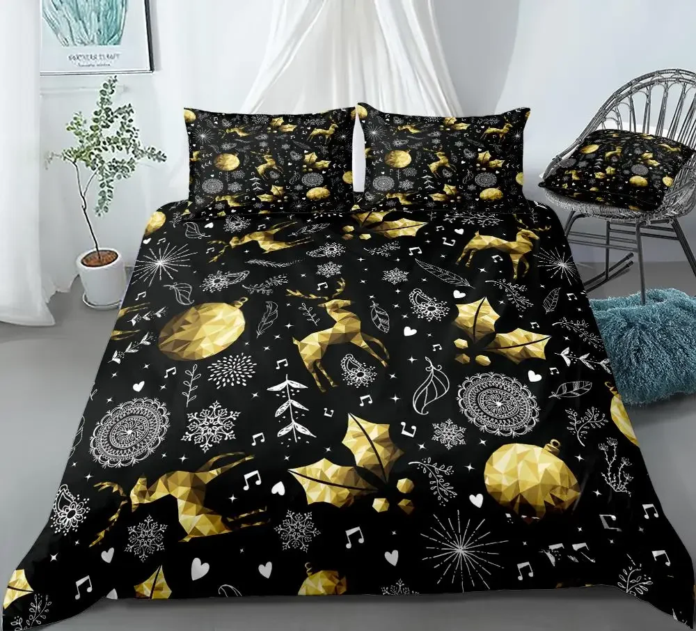 3D Merry Christmas Bedding Set Santa Claus Duvet Cover Set Winter Red Cartoon Snowman Bedclothes Black Gold Elk Quilt Cover Set