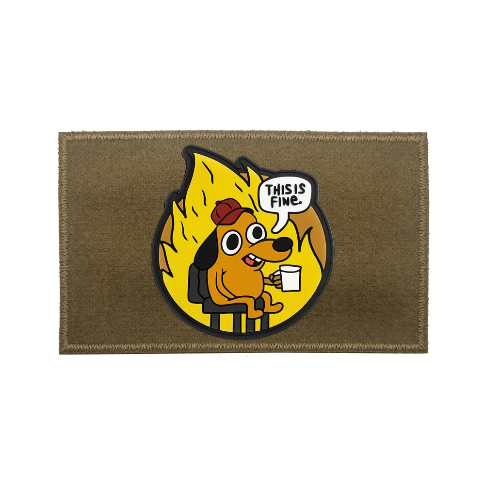 This Is Fine Meme Online Celebrity Dog Drinks Coffee PVC Hook and Loop Patch Interest Morale Badge Backpack Tactical Stickers