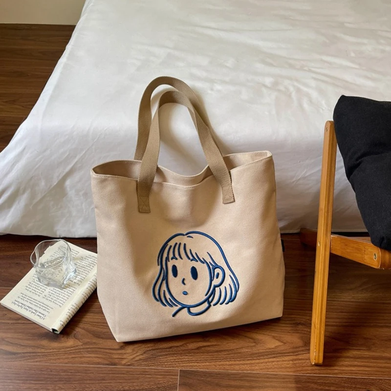 Cartoon Embroidered Tote Bag Versatile Large Capacity Canvas Underarm Shoulder Bag Women New Fashion Lightweight Thick Handbag