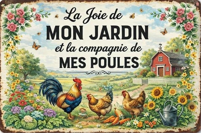 Plaque en métal 2D plate, vintage, « La Joie de Mon Jardin », style rétro français, avec motif poulet et jardin