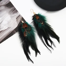 Dark green natural handmade Bohemian ethnic style feather earrings for women's holiday party gifts