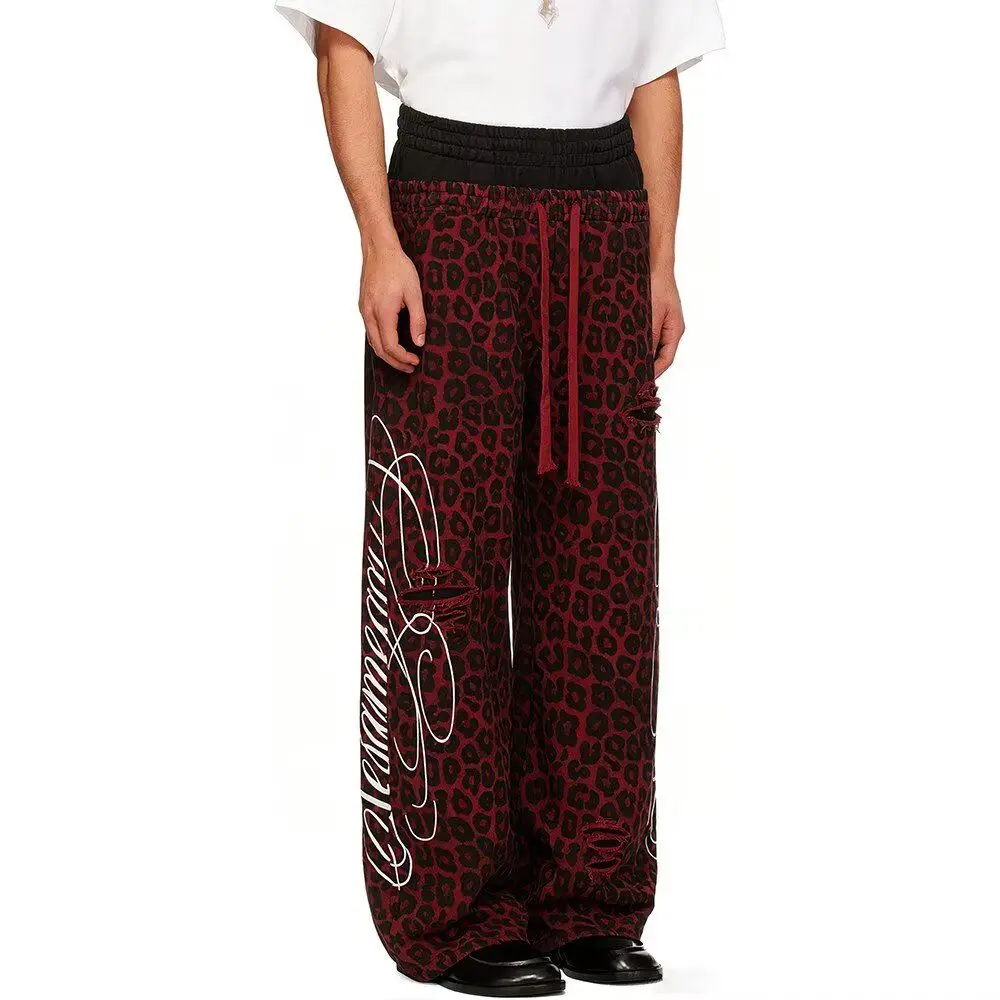 Men's Fake Two Leopard Print Patterns Casual Pants Street Bottom Cool Boy Wide Legs Thin Sweatpants Male High Waist Trousers