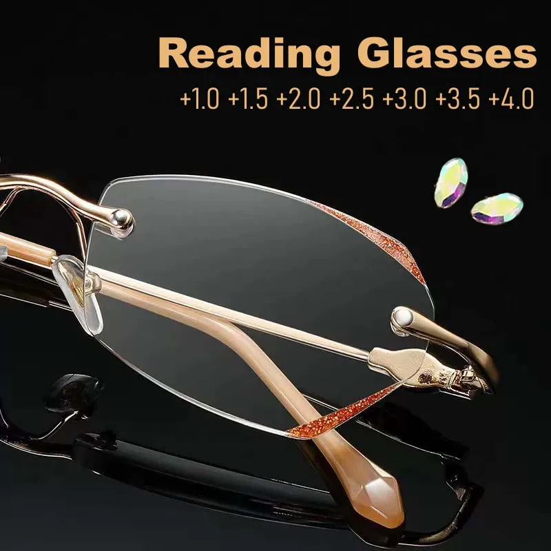 

Fashion Women's Rimless Reading Glasses Unisex Diamond Cutting Presbyopia Eyeglasses Blue Light Blocking Farsighted Eyewear
