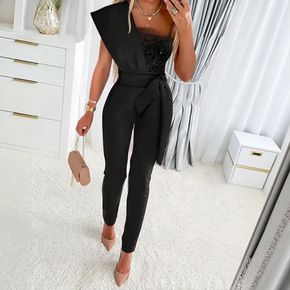 

Женский шикарный комбинезон на шнуровке с пайетками и короткими рукавами на одно плечо, тонкий осенний модный повседневный элегантный цельный костюм до щиколотки