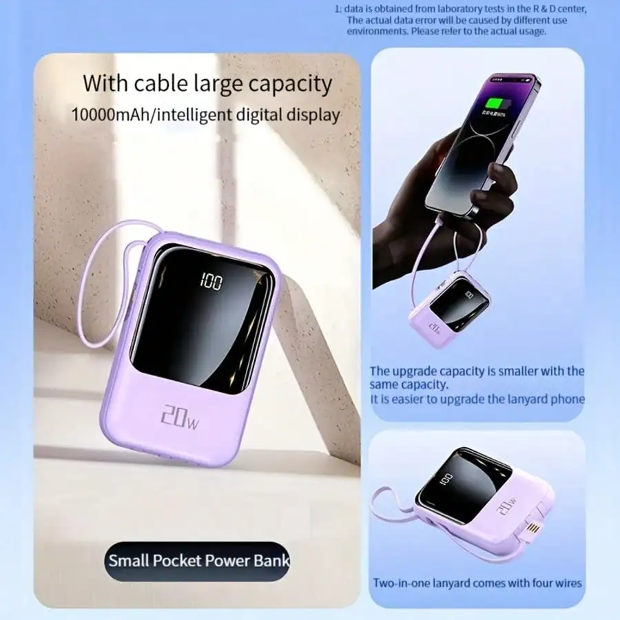 2026 New Model 10000mAh Mini Power Bank With Built-In Cable USB-C 5W-20W Fast Charging Slim And Portable Mobile Charger With LED Display Small External Battery Pack Large Capacity For Phone And Various Electronic Devices Memorial Day Graduation Gift