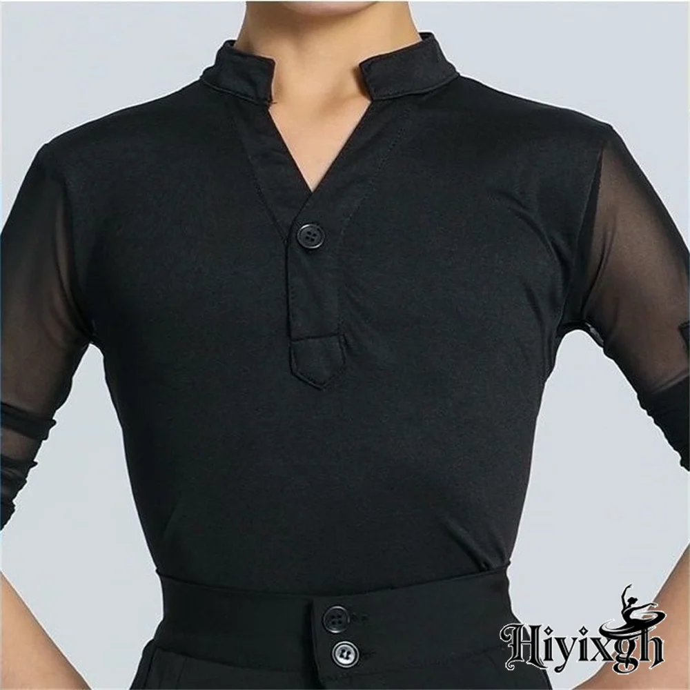 

Mesh sleeve boys' Latin dance top Black short sleeved children's modern dance performance costume Cha Cha; Rumba Dance Shirt