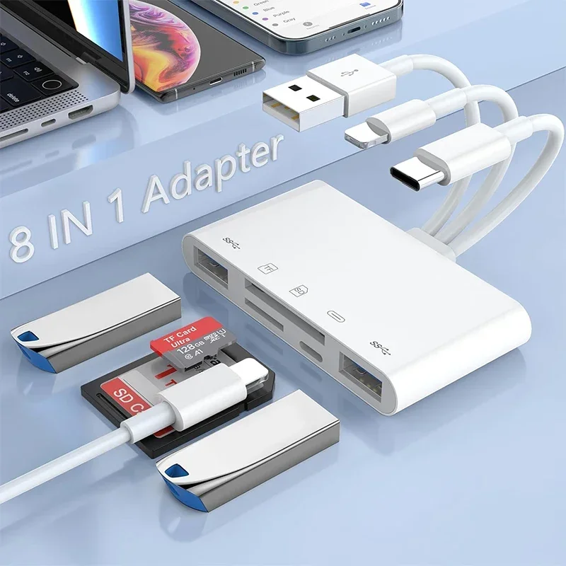 8-in-1 Universal Card Reader SD/TF Slots USB3.0/Type-C/LigtingOTGCamera Adapter For Android/iPhone/iPad External Installation