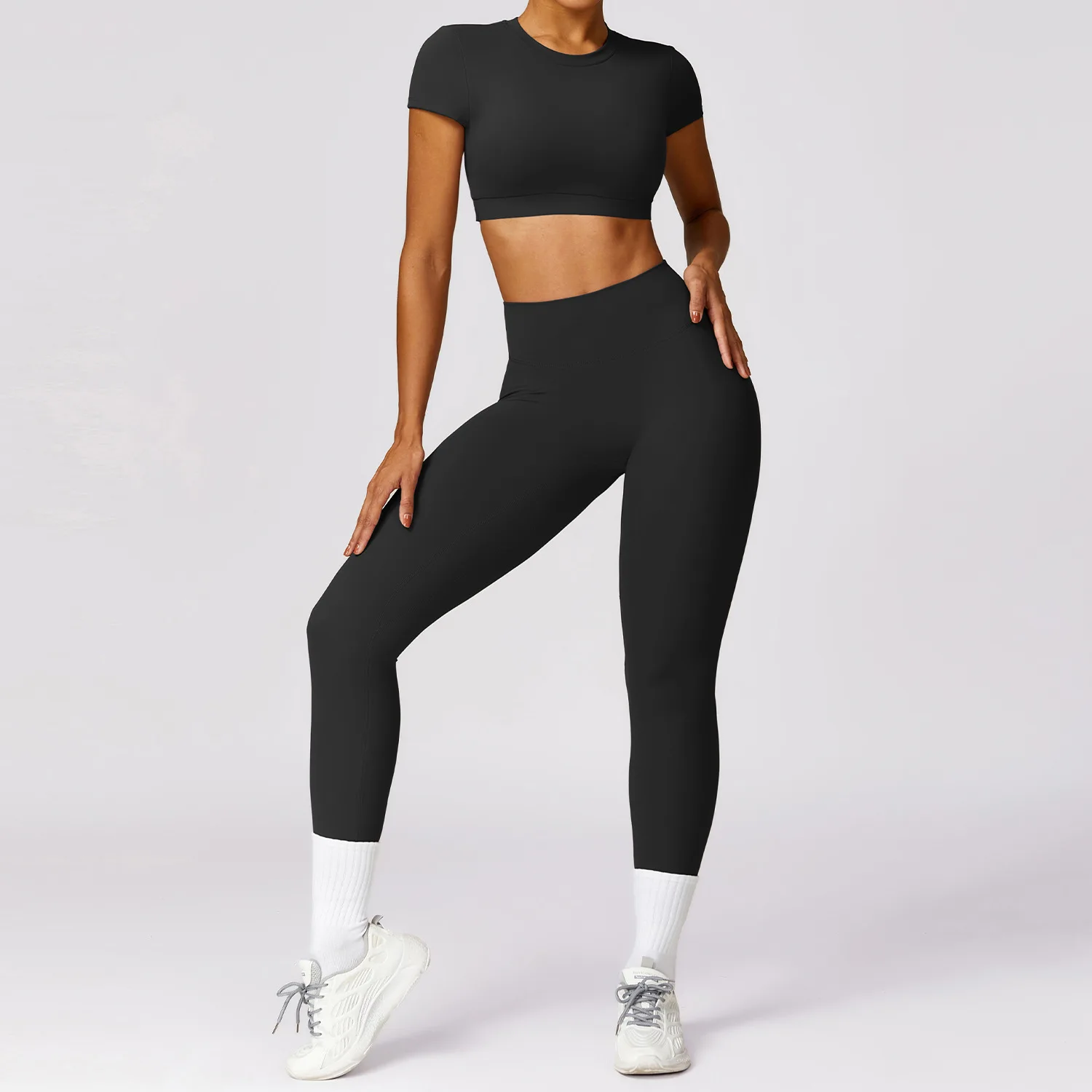 2PCS Women Seamless Yoga Set Sport Suit Gymwear Workout Clothes Short Sleeve Gym Crop Top High Waist Legging Fitness Sports Wear