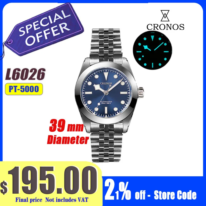 Cronos BB39mm NH35 Business Dress Mechanical Watch For Man Automatic Sapphire Snowflake Hands 20Bar Waterproof BGW-9 Lum L6025