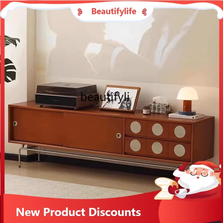 

Medieval TV stainless steel Nordic solid wood living room household storage small apartment modern simple storage TV cabinet