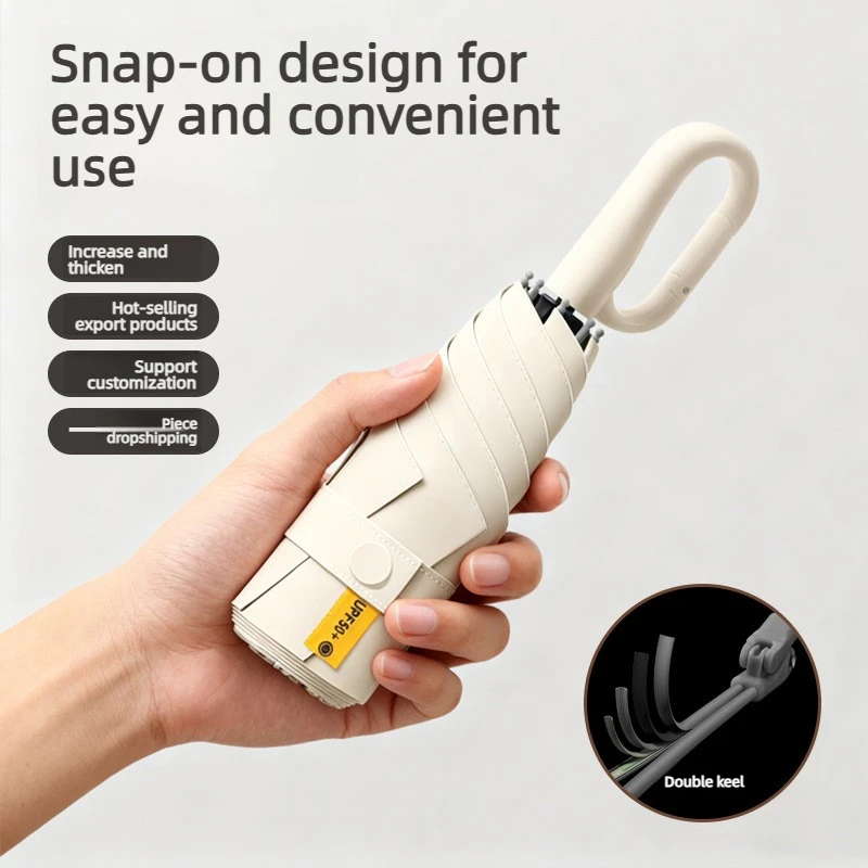 Guarda-chuva Mini Portátil com Alça Dobrável, Guarda-chuva com Cinco Dobramentos, Totalmente Preto, Protetor Solar de Borracha, Resistente a UV