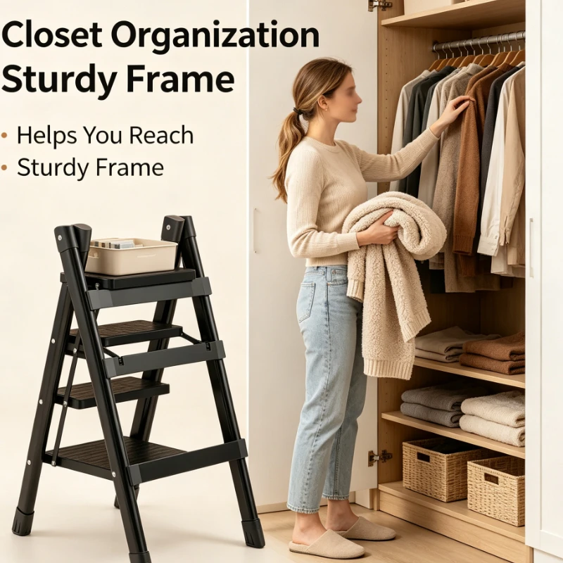 Five Step Wooden Folding Ladder With Bookshelf Top For Living Room And Study Multi Purpose Storage Display