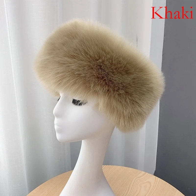 Autumn Winter Solid Color Faux Fur Headband Women Warm Fluffy Fur Empty Top Hat Vintage Wide Edge Plush Russian Outdoor Ski Hats