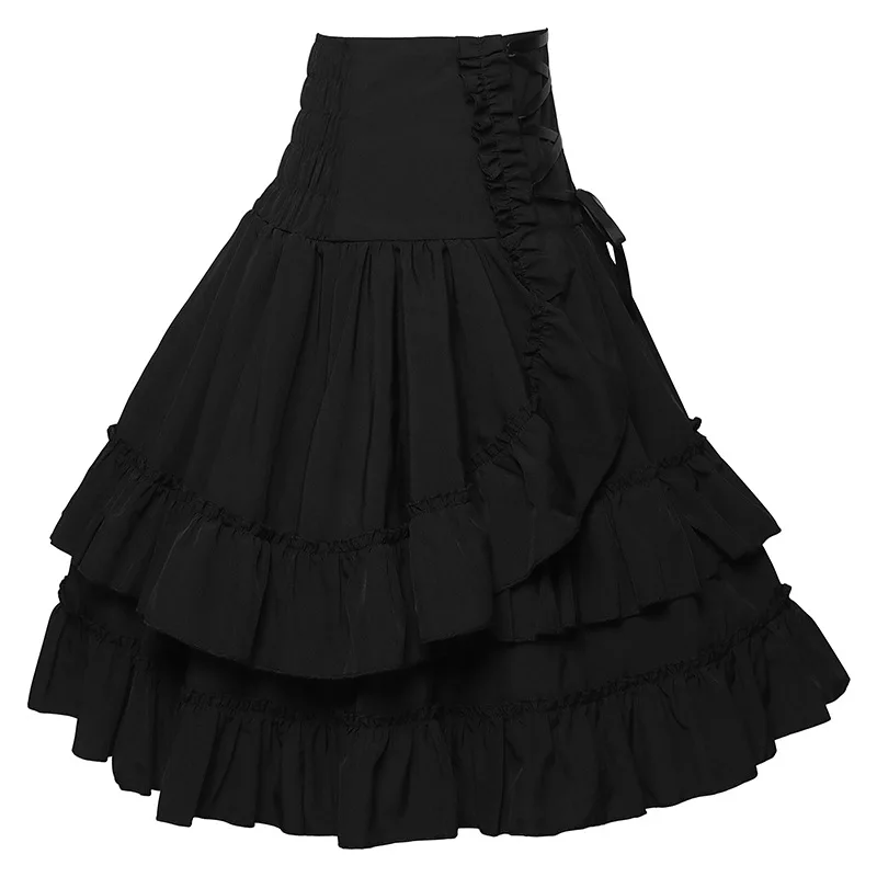 2025 faldas góticas negras Lolita Medieval Steampunk de cintura alta para mujer, faldas con ribete de encaje, capa abombada, volantes, vestido con corsé burlesco