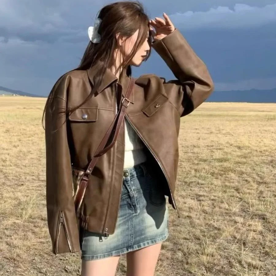 American Style Vintage Brown Loose Slimming Leather Jacket Women's Motorcycle Short Coat Thickened Artificial Leather