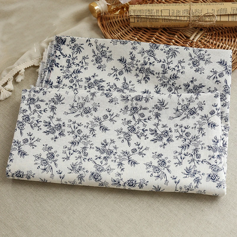 140x50cm/140x200cm Polyester Linen French Blue Printed Fabric For Dresses, Tablecloths, Curtains, Handmade DIY Fabric YHTJ0063