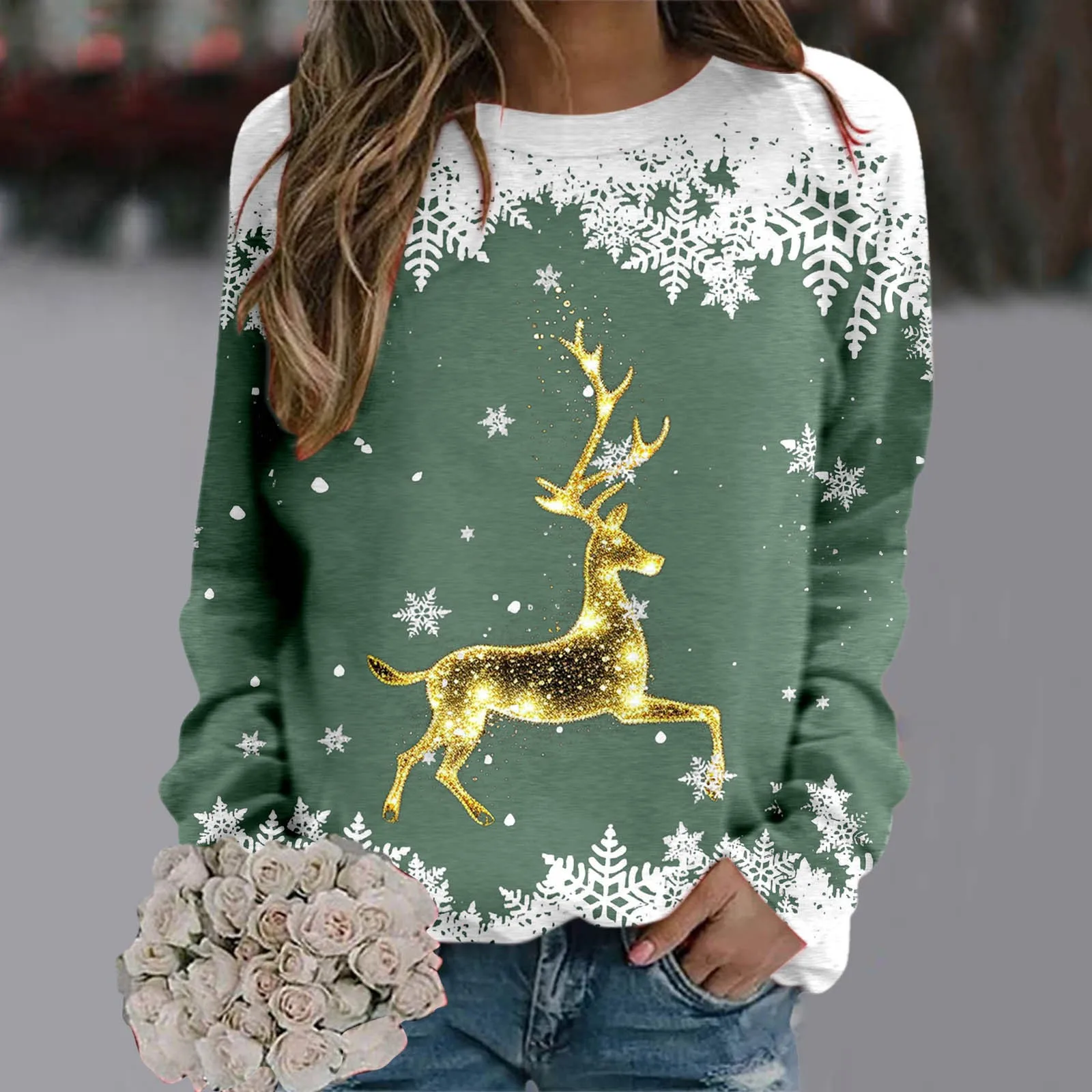 

Teen Girls Long Sleeve Crewneck Sweatshirt Sweaters For Women Christmas Cute Reindeer Graphic Xmas Shirts Fleece Clothes Women