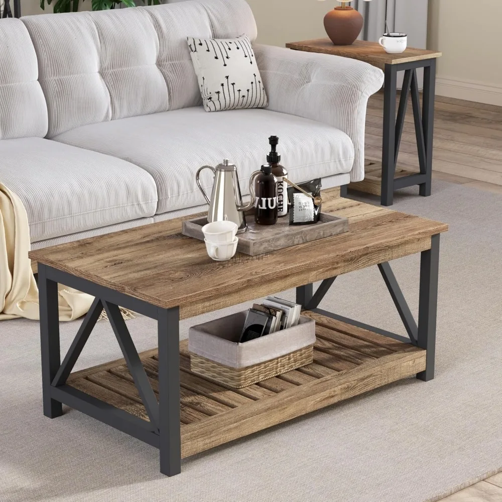 Rustic Oak and Black 40-Inch Rectangular Coffee Table with 2-Tier Storage for Living Room by ChooChoo Farmhouse