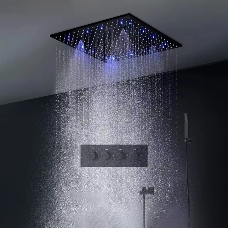 Matte Black 20 Inch Led Thermostatic Bathroom Shower Mixer Two Function Rainfall And Mist Spray Shower System