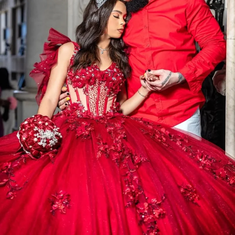 

Customized Red Quinceanera Dresses Off the Shoulder applique crystal Tull 3D flower Long tail Bow Vestido 15 Quinceanera