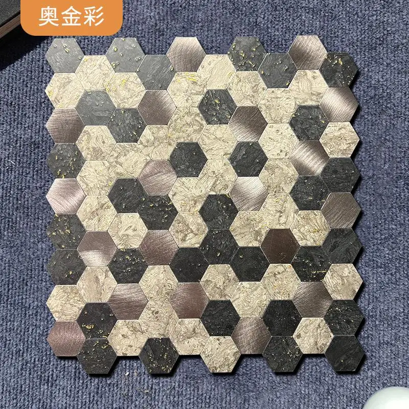 30x30cm Hexagonal Metal Aluminum-Polymer Board Retro Mosaic Wall Covering, Backwall Self-Adhesive Brick Art Wall Tile Wallpaper