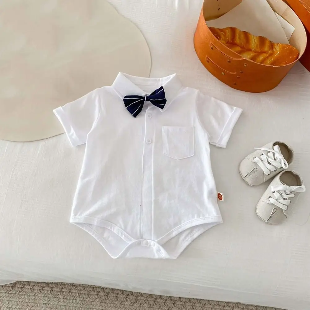 

100% Cotton Baby Onesie Detachable Bow Tie Triangle Bodysuit Short-sleeved Romper Long Sleeve Gentleman Tie Infant Jumpsuit