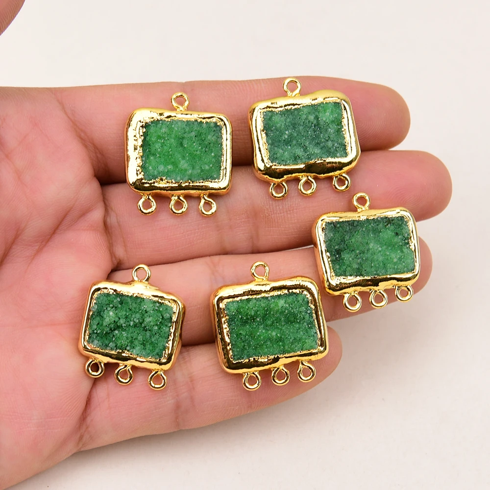 APDGG 5 Pcs Natural Green Quartz Pendant Double Ring Metal Edge Gold Plated Bezel Set Connector Jewelry Making DIY